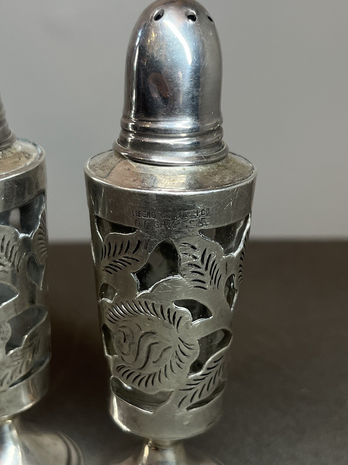 Vintage Mexico Sterling Silver Overlaid Signed D.F GHM Salt and Pepper Shakers