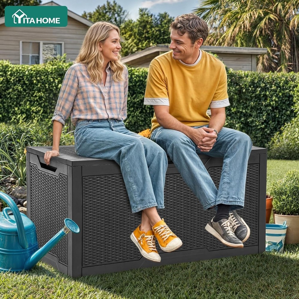 100 Gallon Black Deck Box - Water Resistant Storage with Extra Seating Feature