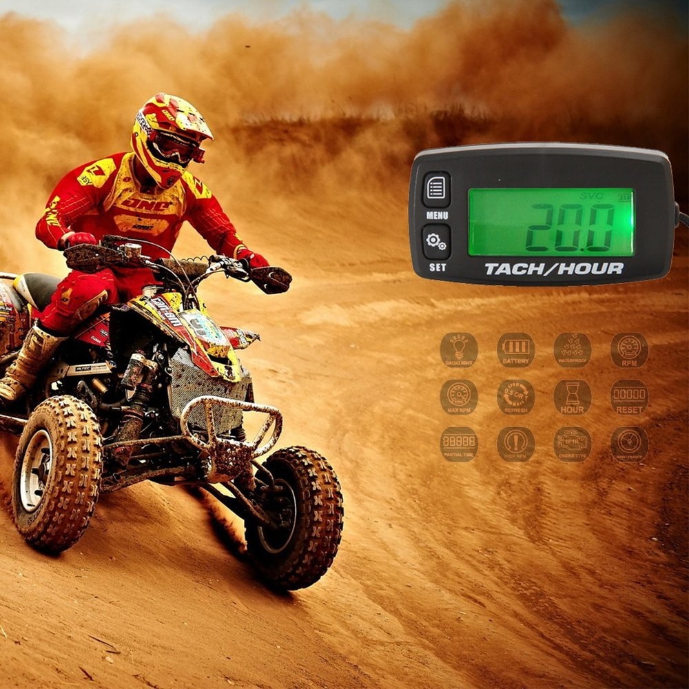 Engine Hour Meter Inductive Tachometer Backlit Gauge Digital Resettable Tach ...