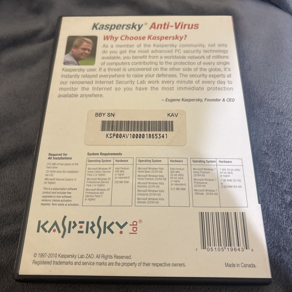 KASPERSKEY Lab Anti-Virus 2010 Protection PC Computer Security Software & Code