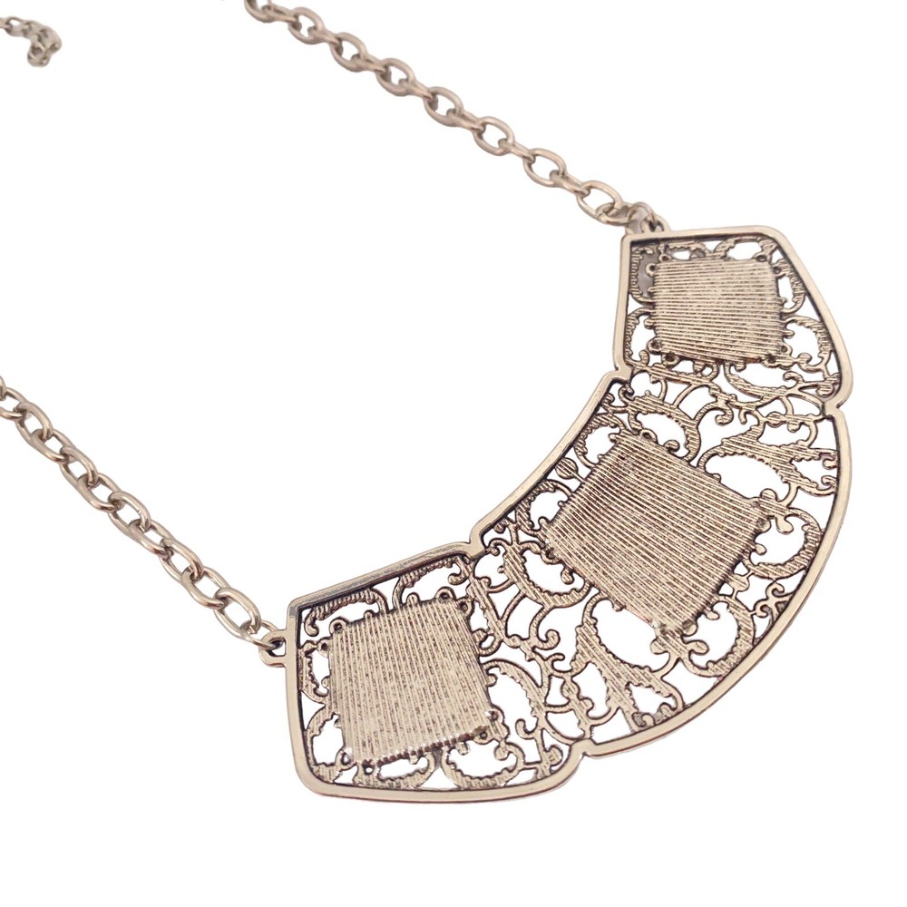 Silvertone Scroll Frame Link Chain Purple Square Pendant Bib Statement Necklace