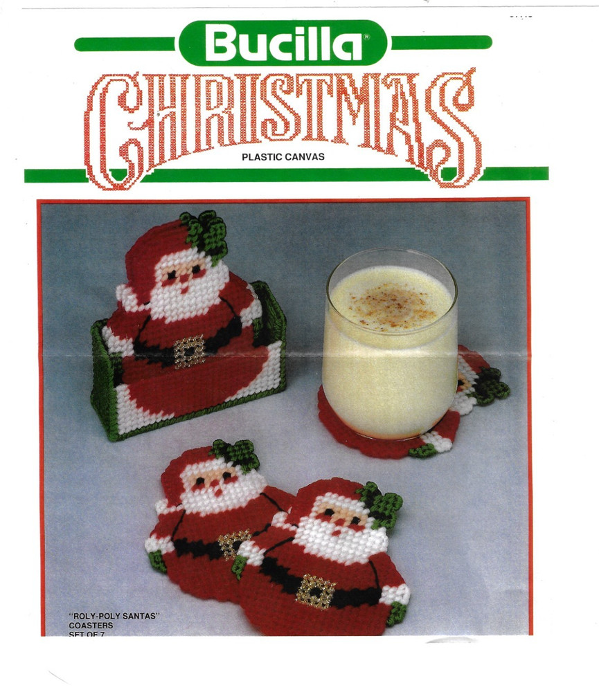 ROLY POLY SANTAS COASTERS & HOLDER  7ct plastic canvas  PATTERN  (#TF0489)