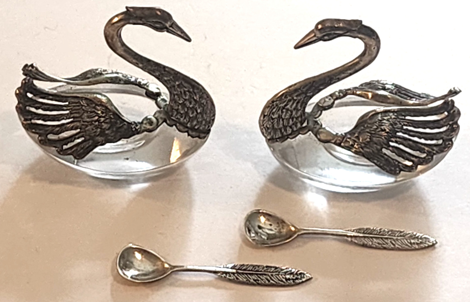 PAIR of .800 SILVER & CRYSTAL SWAN SALT CELLARS with .800 SILVER SPOONS STERLING