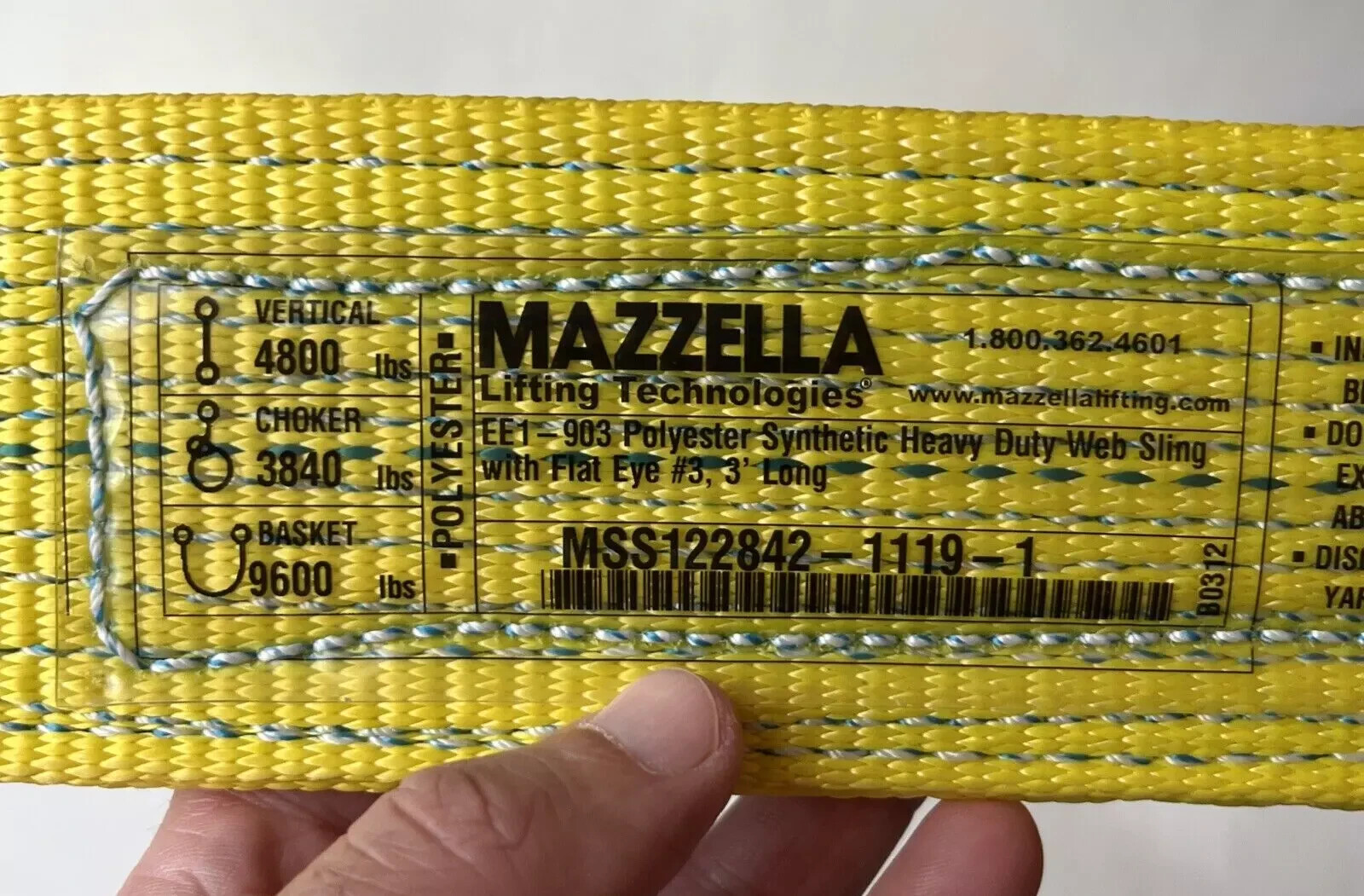 Mazzella EE1-903 x 3’ Polyester Synthetic Web Sling 3" Wide 3’ Long Flat Eye New