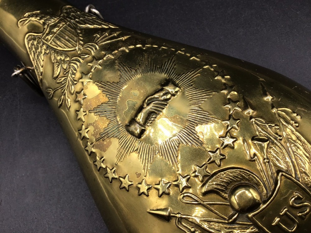 Brass Peace Pattern Powder Flask 9" x 4" U.S. Shield, Eagle & Clasped Hands