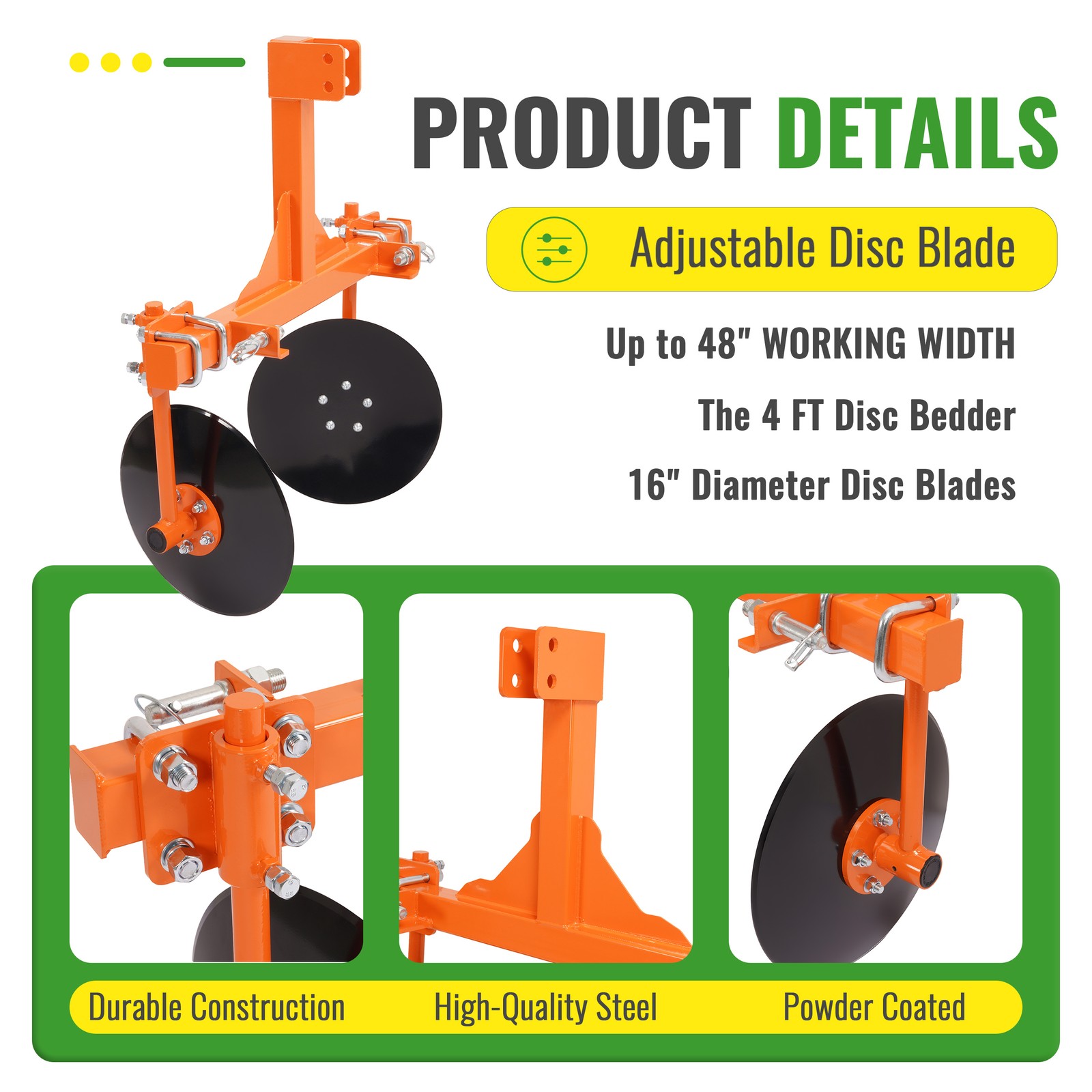 3 Point 48" Adjustable Disc Bedder Disc Harrow Fits Cat 1 Tractors, Quick Tach