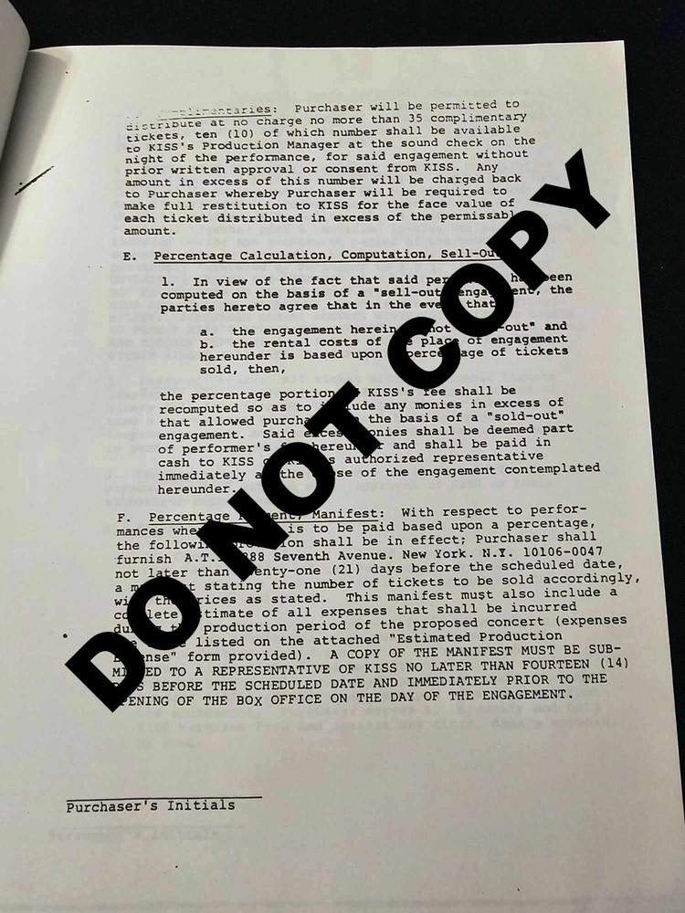 KISS Contract Rider 1982/83 PHOTOCOPY