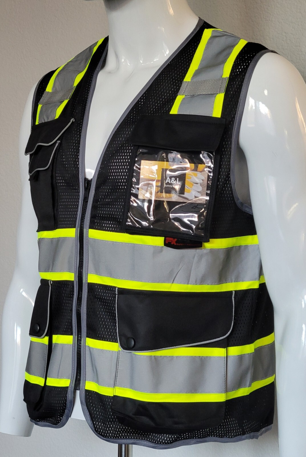 FX Class2 Hi-Vis Reflective Safety Vests with 6 Pockets and Zipper Front Black.