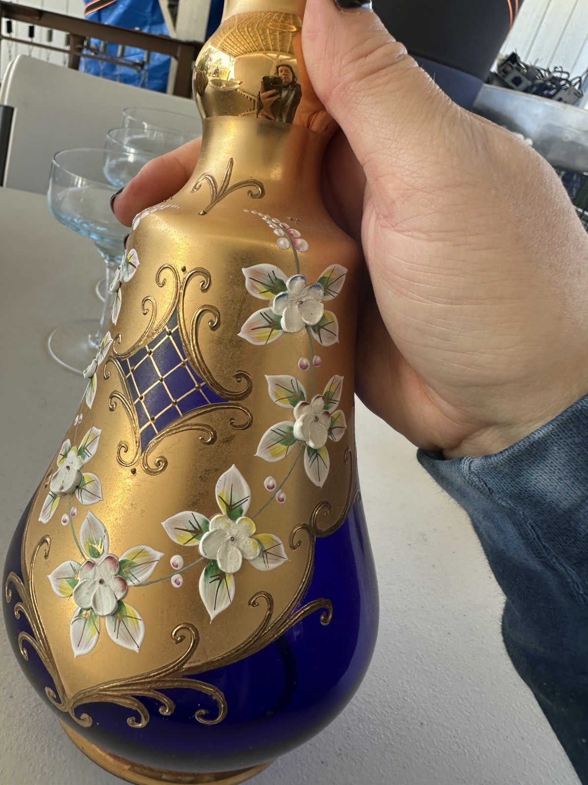 Antique Bohemian Moser Cobalt Blue Enamel Flowers Decanter & 6 Glasses Set