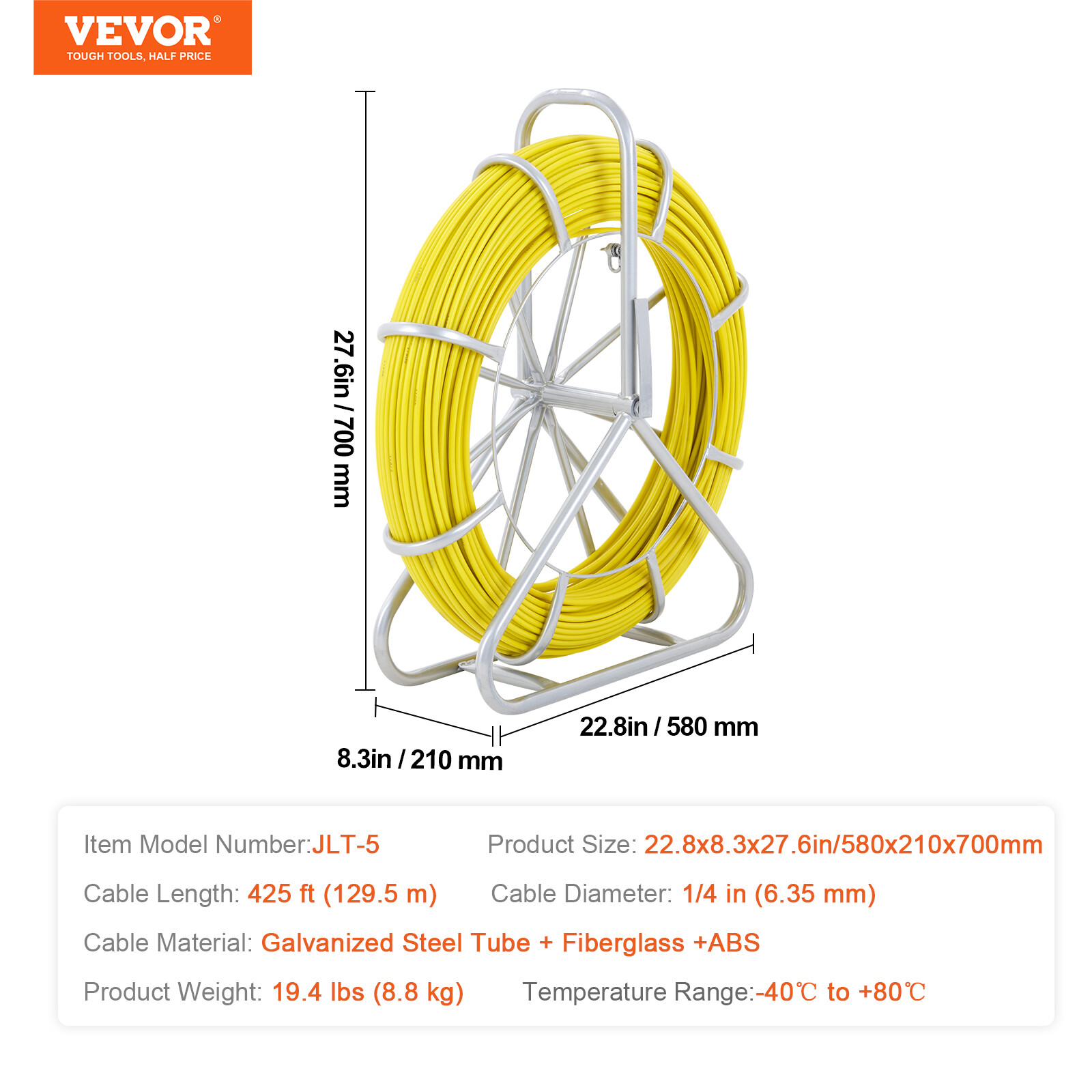 VEVOR 425FT1/4 inch Fish Tape Puller Fiberglass Wire Cable Running Duct Rodder
