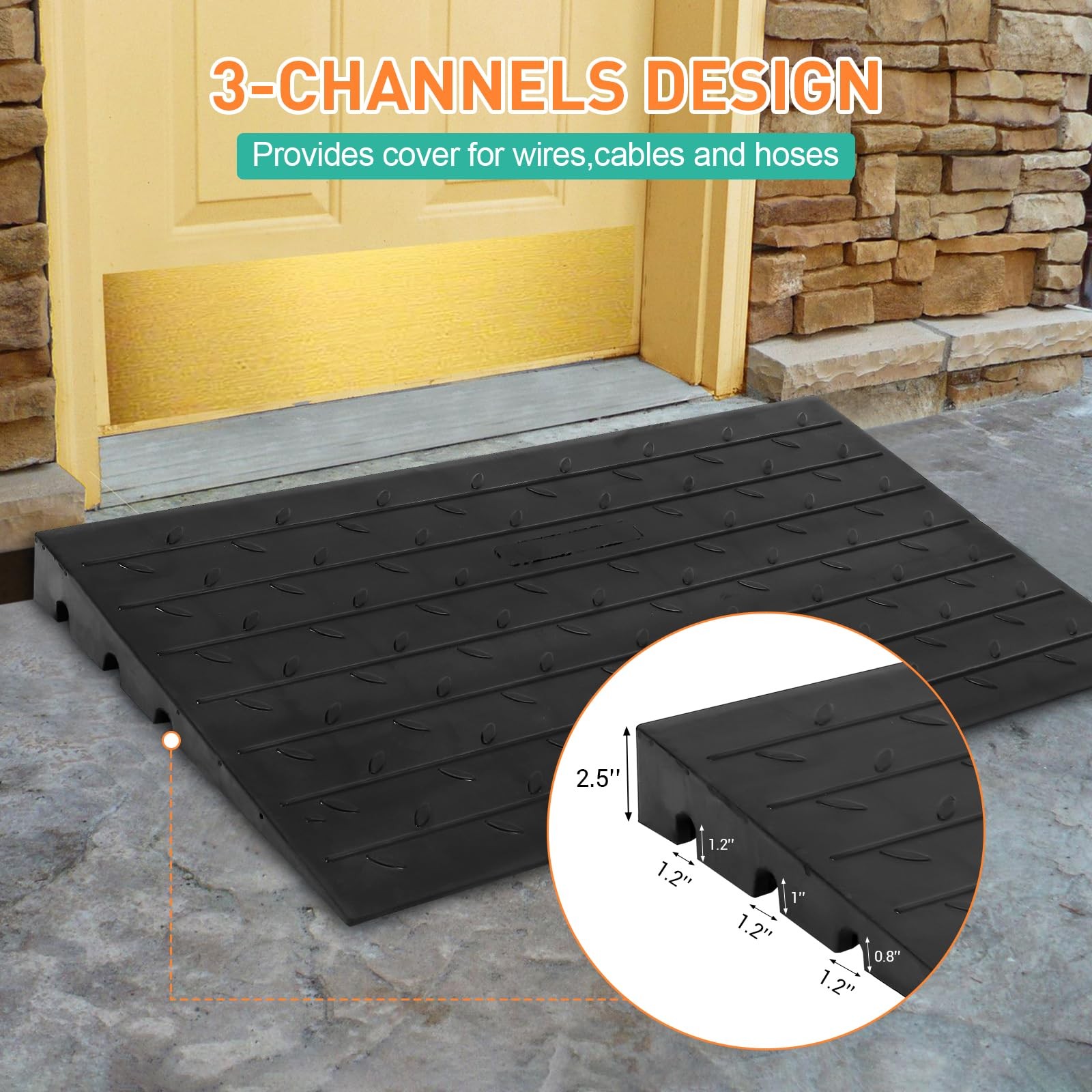 3 Inch Raised Rubber Threshold Ramp Cuttable Door Ramp, Portable Non-Slip Ramp