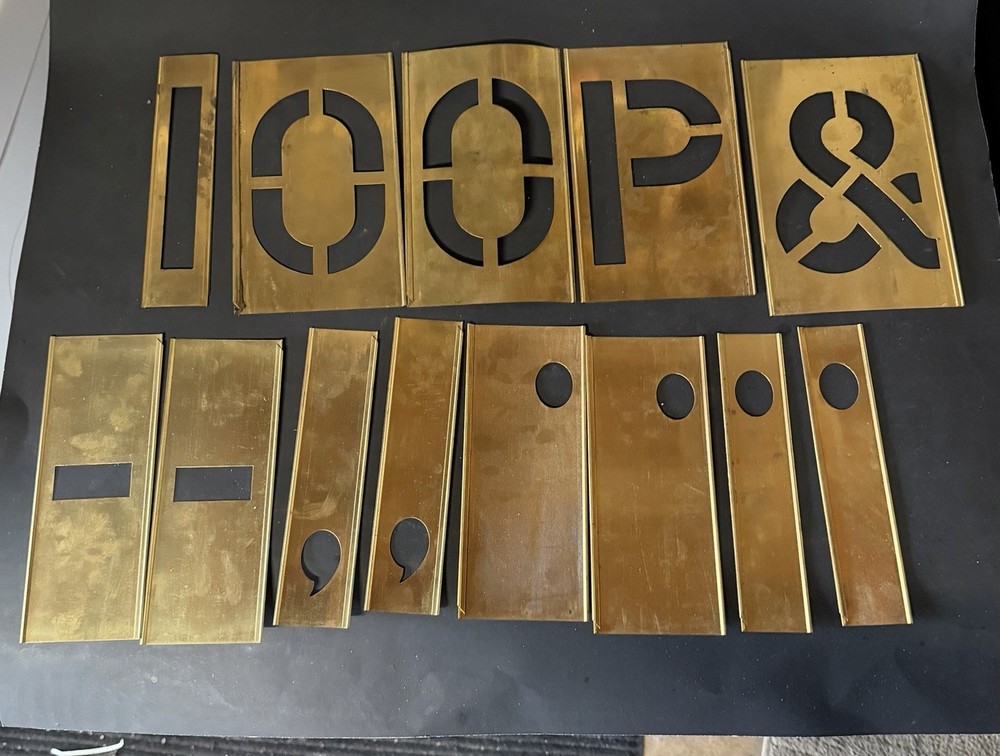 Reese's 6" inch Vintage Brass Interlocking Adjustable Letters stencils complete