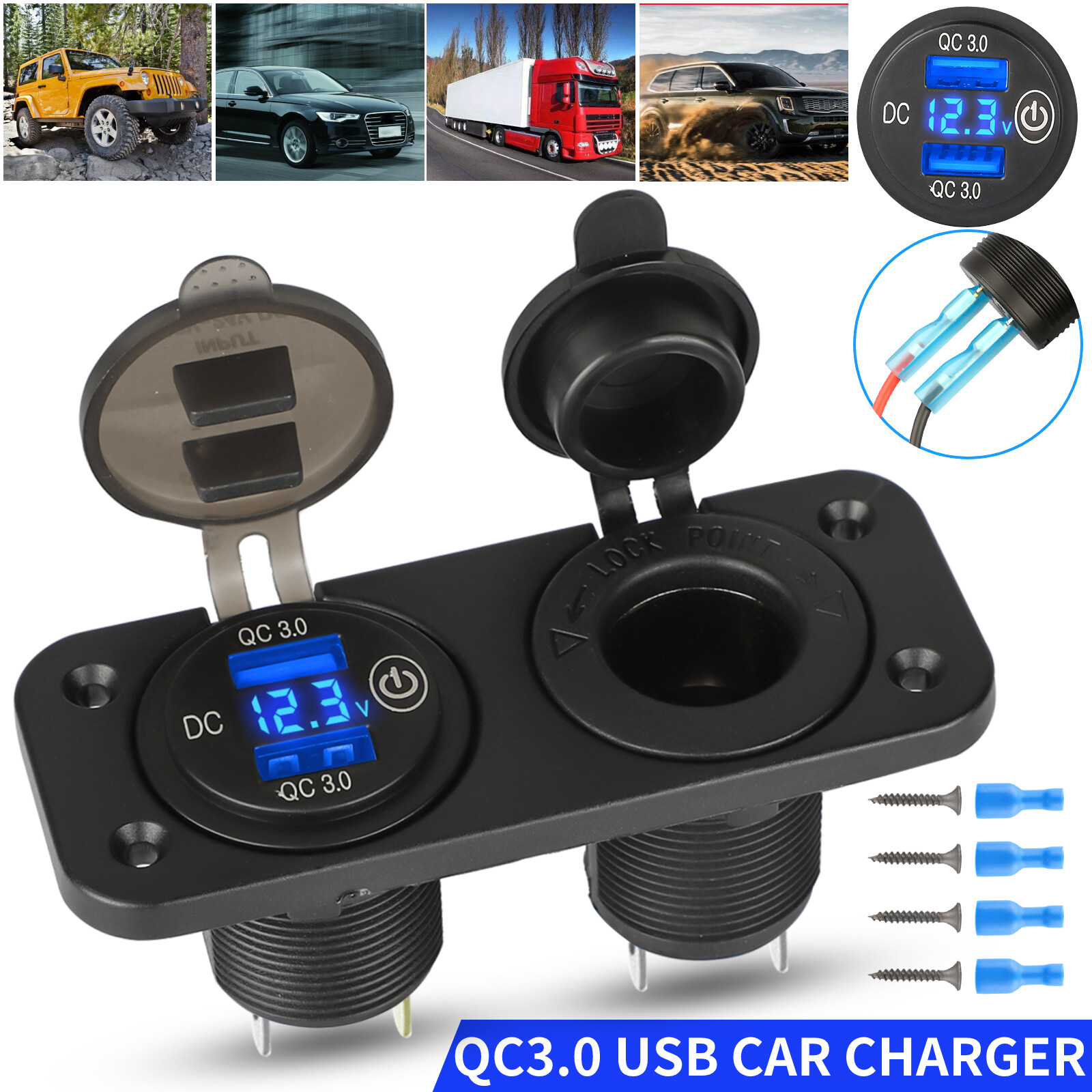 12V QC3.0 Dual USB Charger Car Cigarette Lighter Socket Plug Panel For Car Truck
