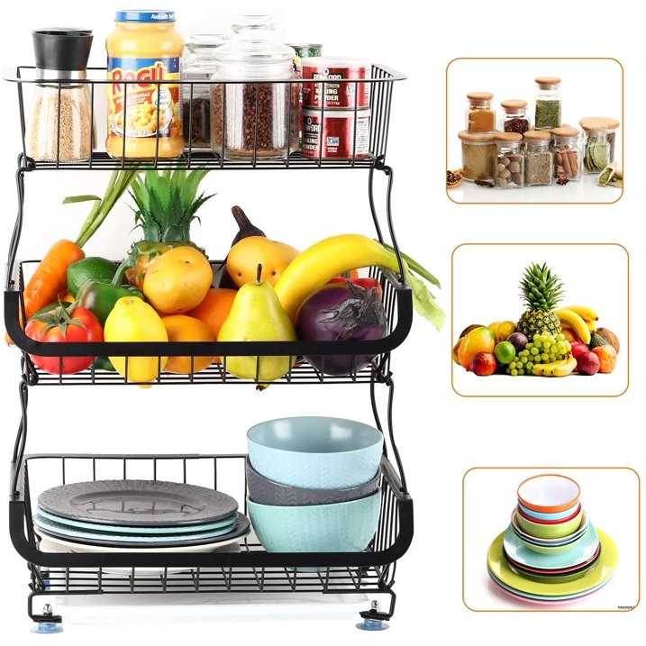3 Tier Stackable Metal Wire Basket Cart with Rolling Wheels Storage Baskets