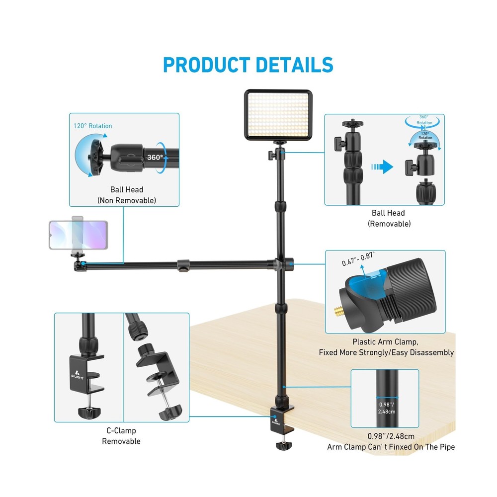 Overhead Camera Mount Table Stand with 2 Section Telescopic Arm, 13"-33" Adju...