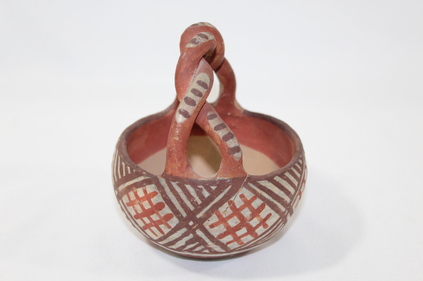 Antique Isleta Pueblo Pottery 4.5" Friendship Basket Bowl Olla Twisted Handle