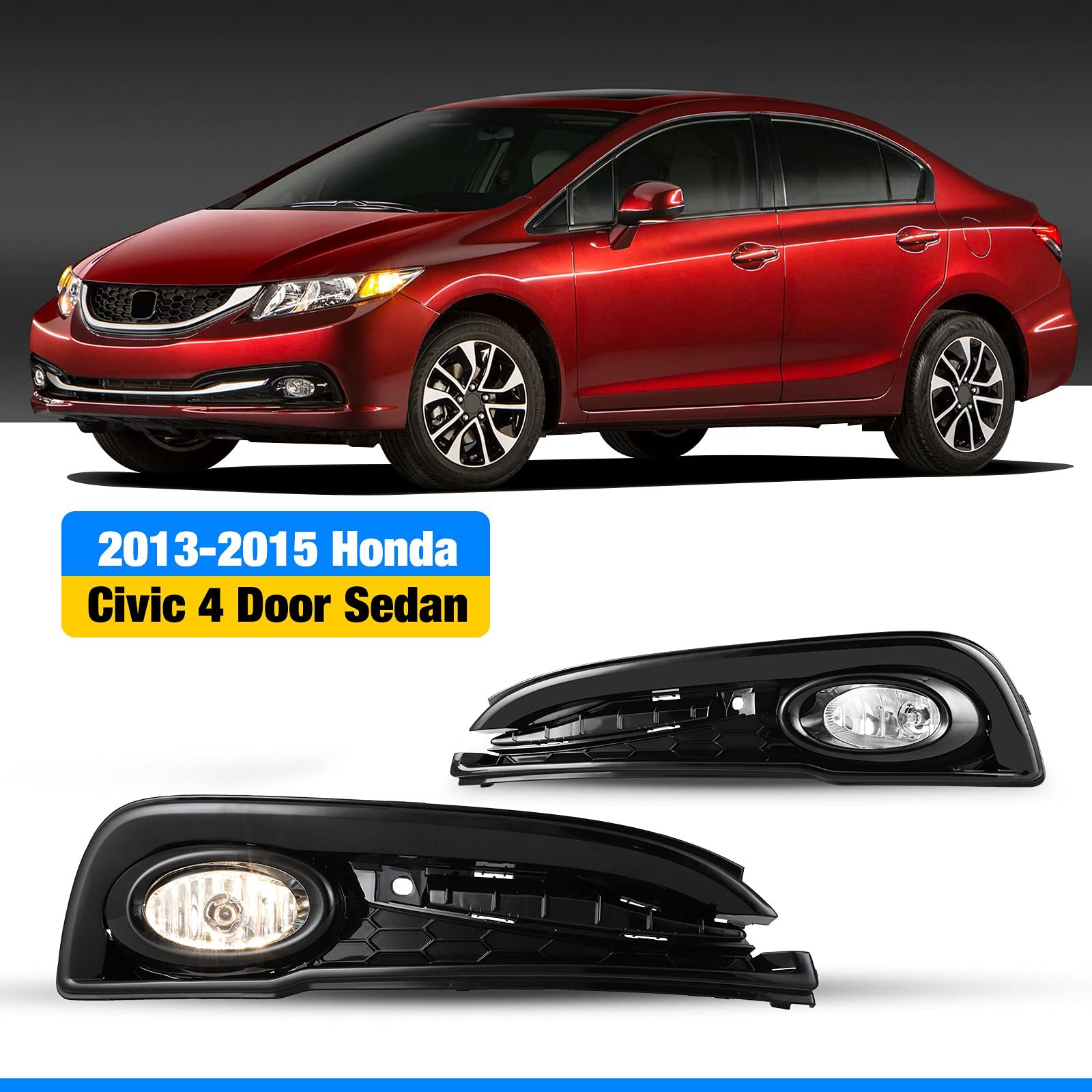 Fog Lights for 2015 Honda Civic 4 Door Sedan Wiring Kit Switch Pair Clear Lens