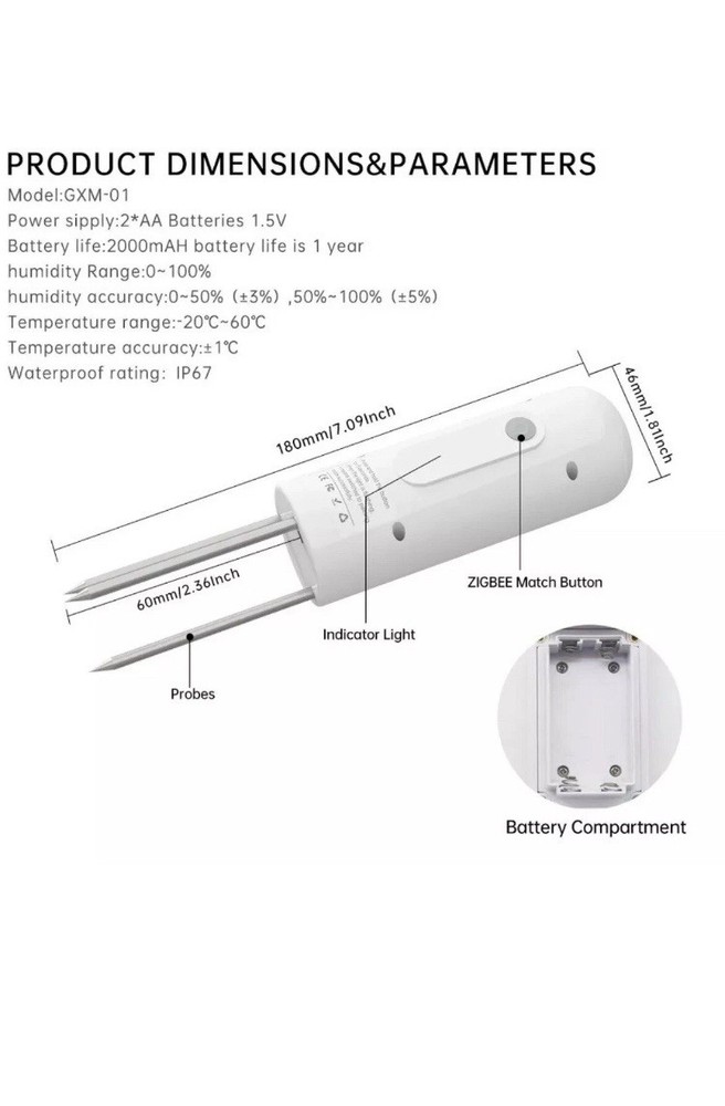 Soil Sensor GXM-01 ZigBee 3.0 Log Soil Moisture And Temperature Data Waterproof