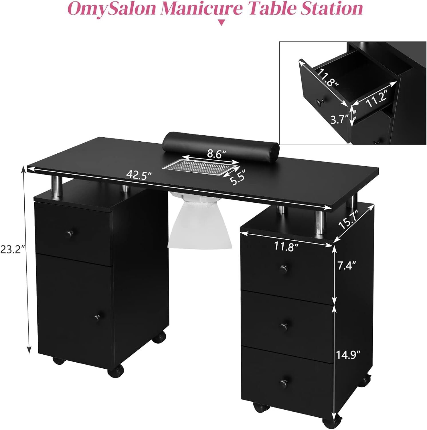 Manicure Table Nail Desk for Nail Tech w/Dust Collector, Storage Drawers, Wheels