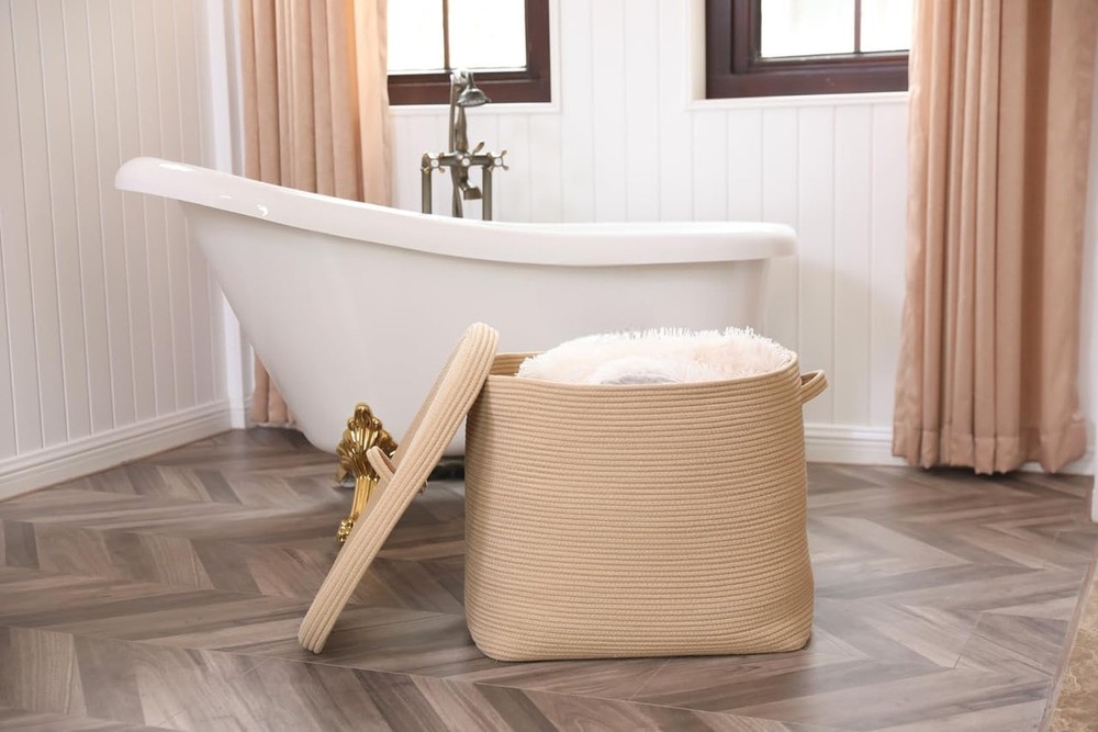 22"x14"x18" Rectangular Extra Large Storage Basket With Lid, Large Cotton Rop...