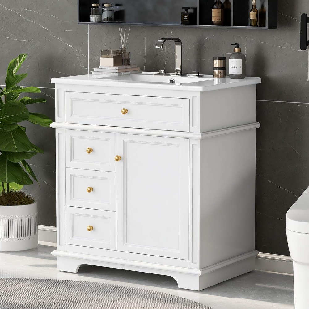 30" Bathroom Vanity with Sink Combo Set, Solid Wood Frame Bathroom Storage Cabin