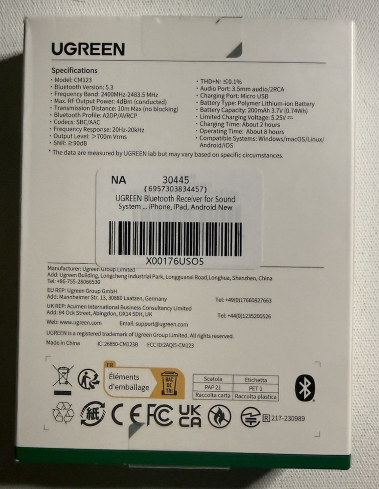 Bluetooth Audio Receiver With 3.5mm & 2 RCA Adapter (Black) (CM123)