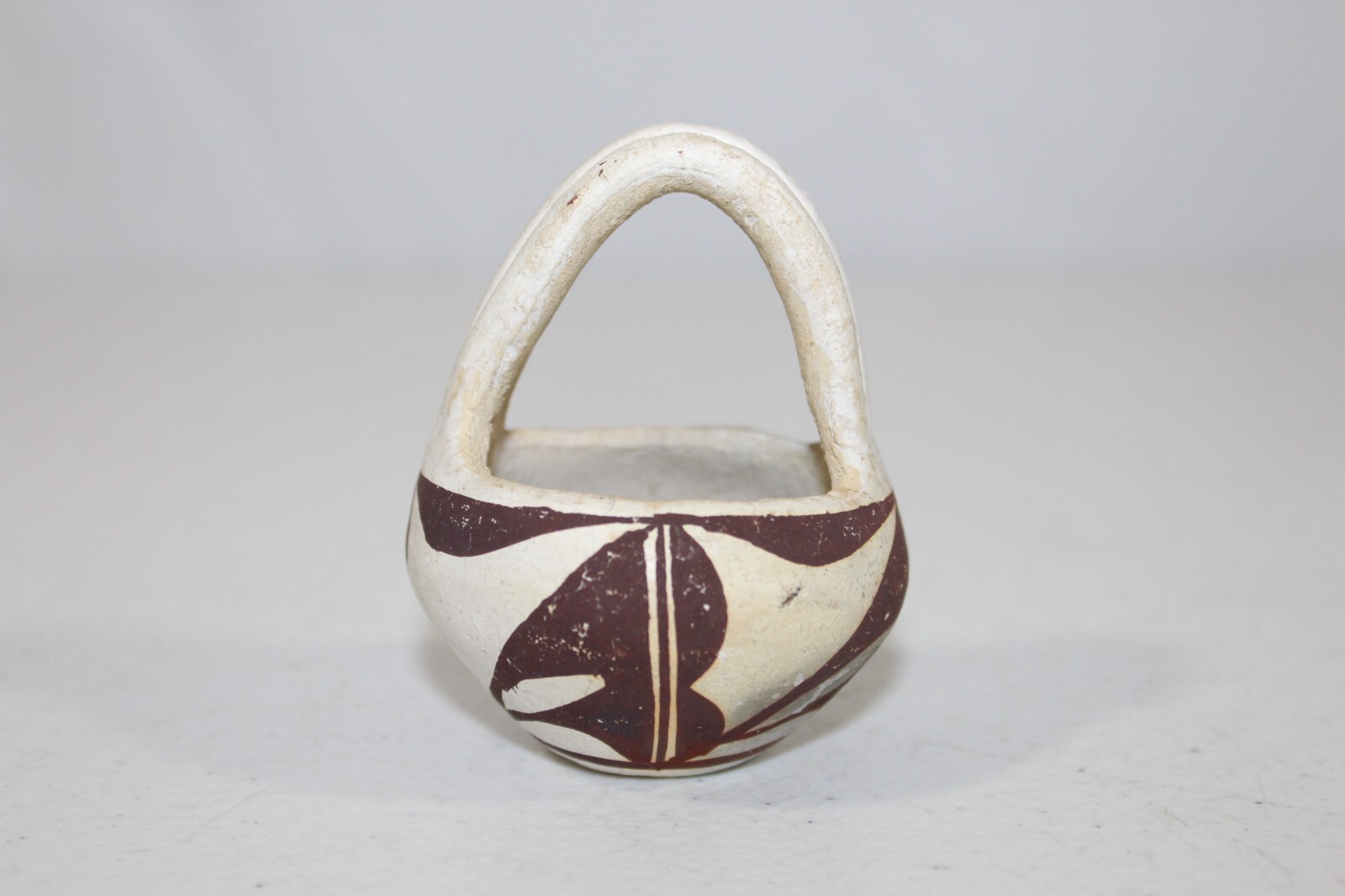 Vintage Acoma Pottery Small Basket Bowl 2.5" Tall Unsigned White & Brown