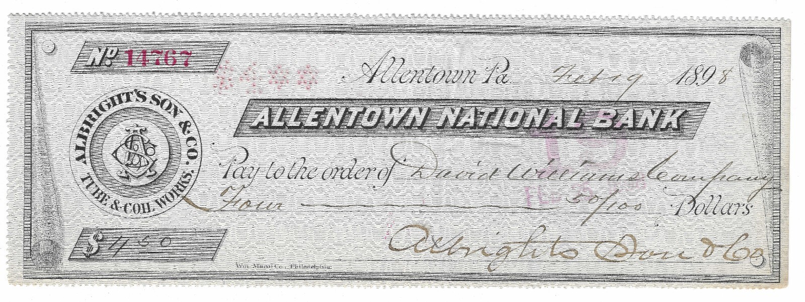 1900 Check, Allentown National Bank, PA, Albright's Son's, To David Williams Co
