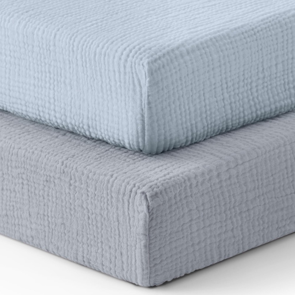Blissful Diary Muslin Crib Sheets for 2 Pack, Light Blue & Grey
