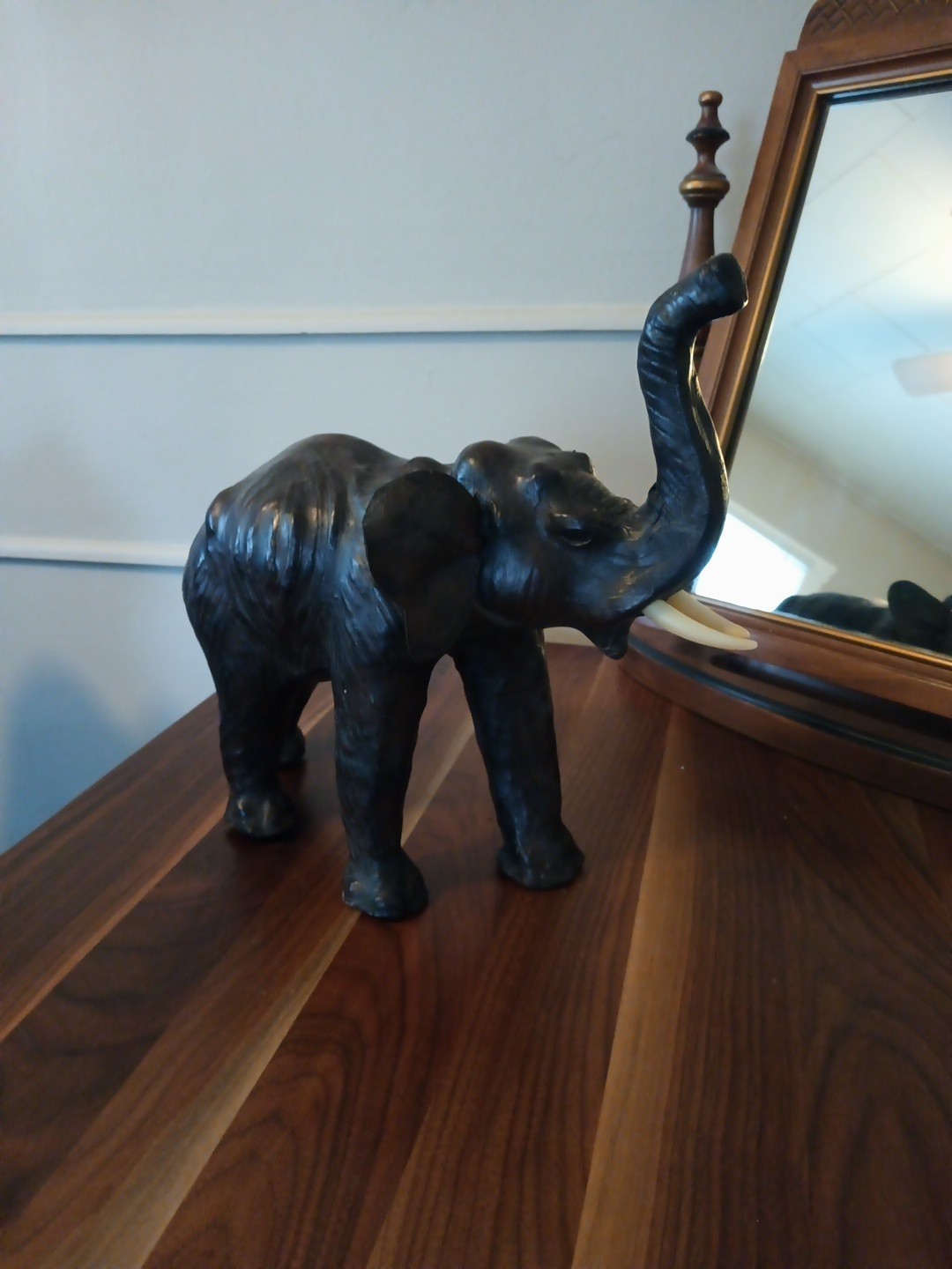 Elephant Large Leather 13" Brown Roaring Elephant Vintage Art Statue Lucky