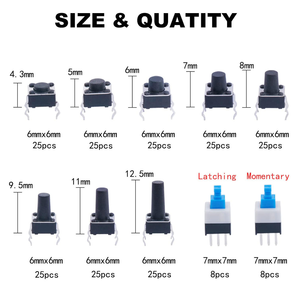 202PCS Micro Momentary Tactile Push Button Switch Assortment Kit 10 Values 4 Pin