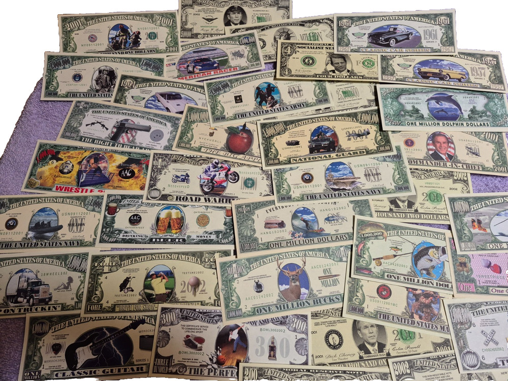 LOT OF NOVELTY MONEY, FAKE NOTES, COLLECTIBLE ADV. NOTES. 35 + UNC. DIFF. NOTES