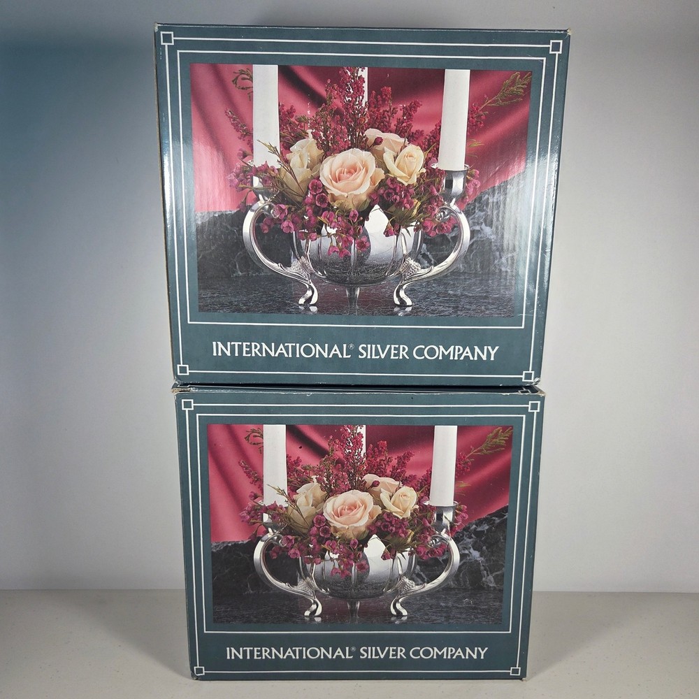 Set of 2 International Silver Company Lotus 3-Candle Holder Vases w/ Flower Frog