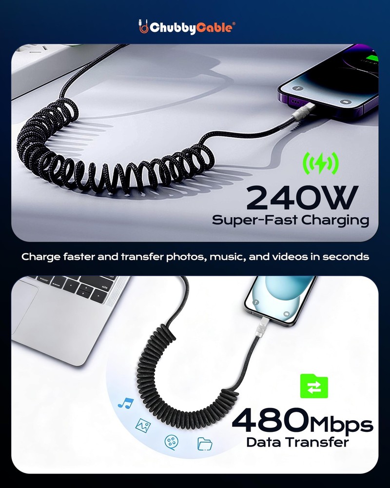 chubbycable Curly Chubby 240W Coiled USB C Fast Charging Cable Durable Orange