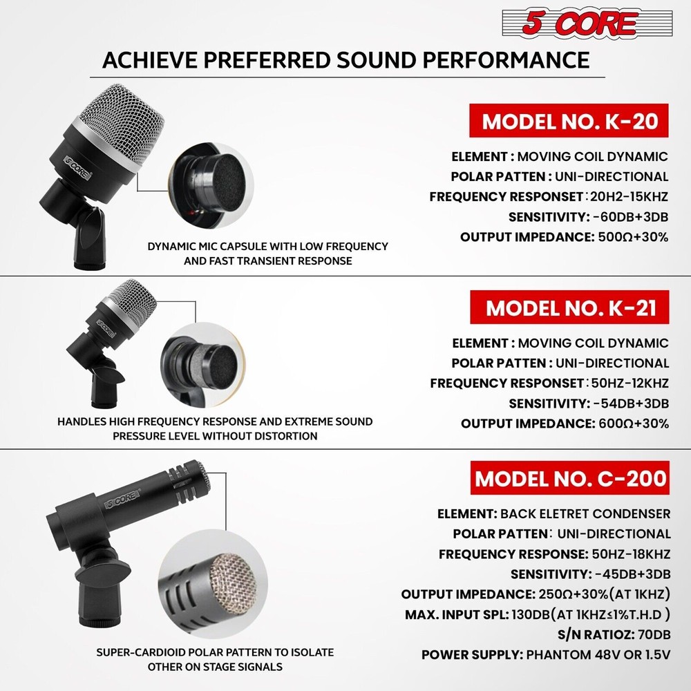 5Core Drum Mic Kit 7Pcs Kick Tom Snare Dynamic Microphone Instrument Mics Set