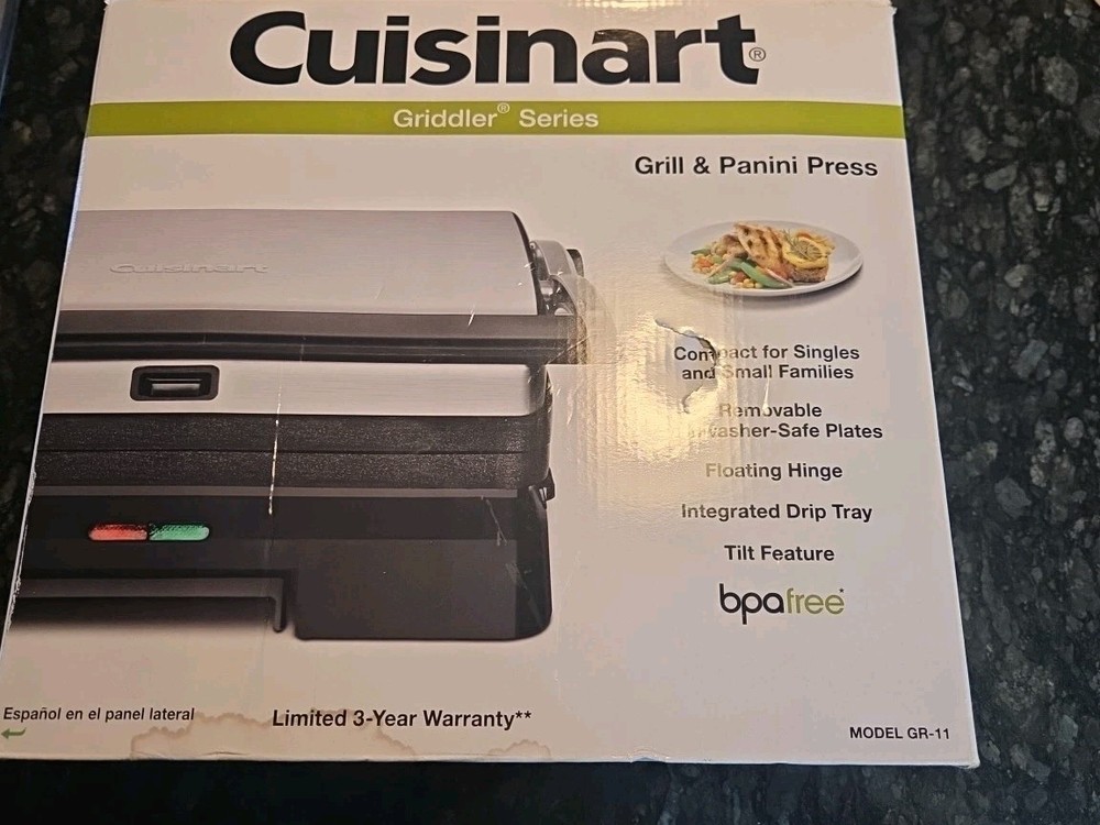 Cuisinart GR-11 Grill & Panini Press Silver Removable Plates Floating Hinge