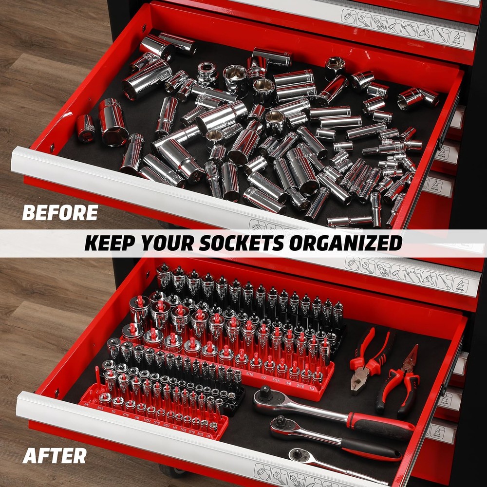 4-Piece Socket Organizer Set - SAE & Metric Holders for Toolboxes, Black & Red