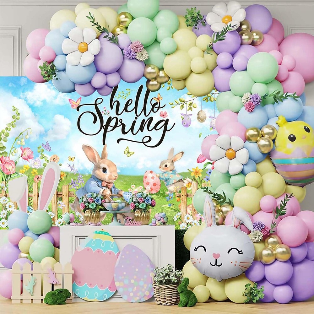 Hello Spring Backdrop Easter Party Banner Greenery Spring Festival Easter Pho...