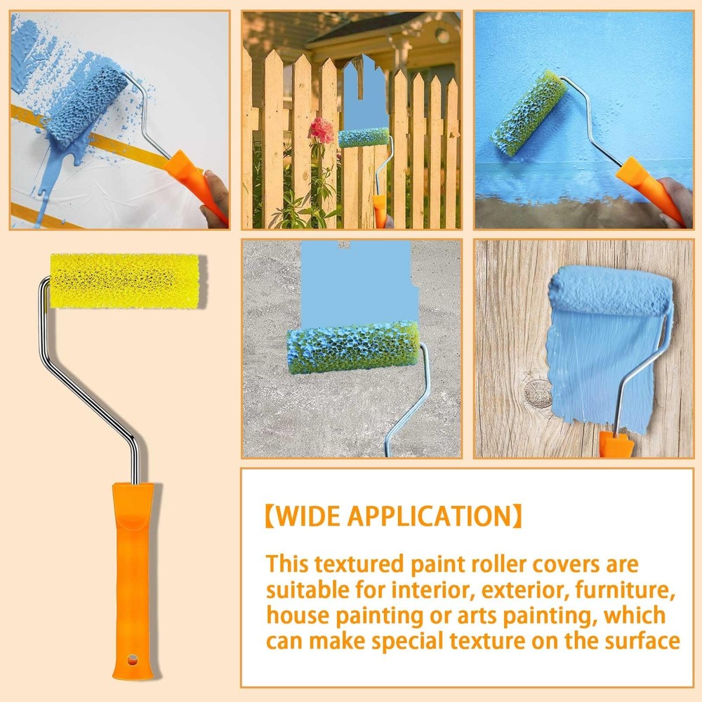 Textured Foam Drywall Paint Roller Covers W/ 2 Frames Set House Art 12PC