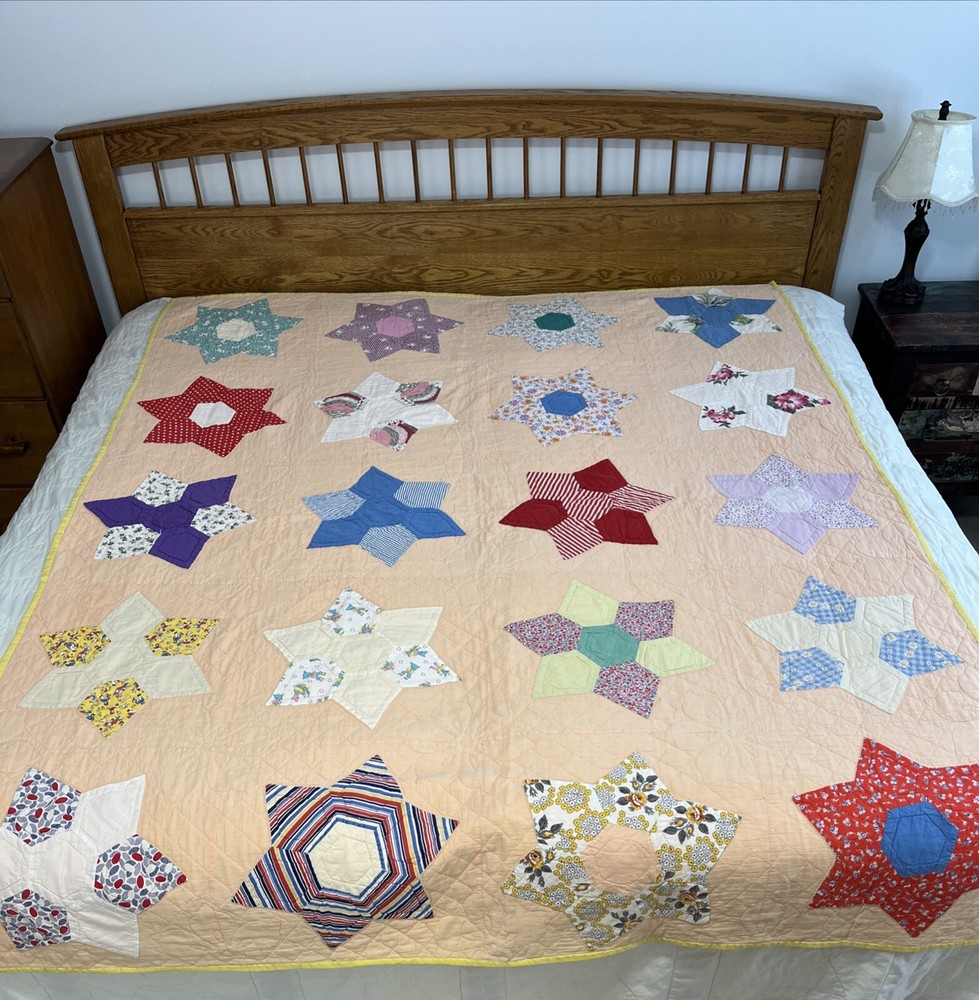 Vintage Quilt 6 Point Star Patchwork Handmade 65 x 80