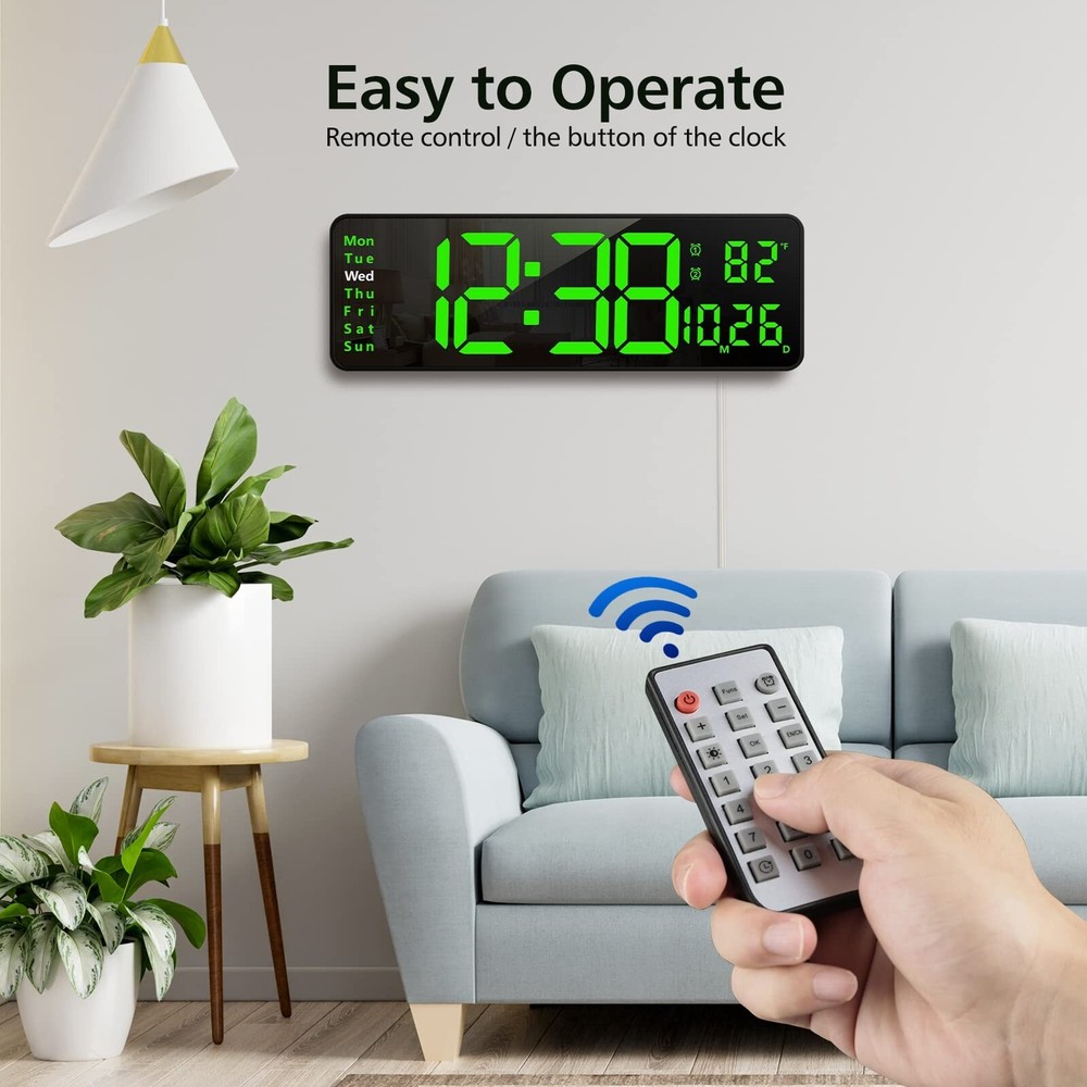 16" Large Digital Wall Clock with Remote, Large Display LED Wall Clock for Li...