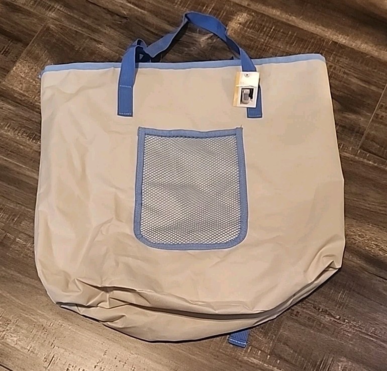 Laundry Backpack Cream/Blue Top Handles & Back Straps Drawstring Closure 18"Tall