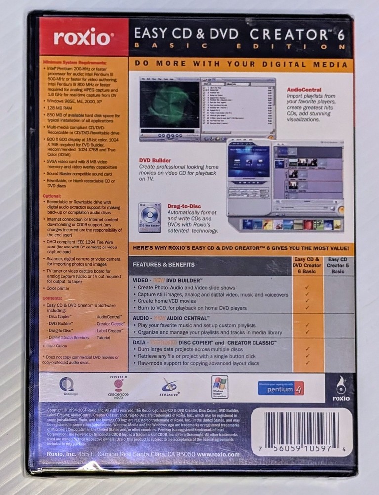 ROXIO EASY CD & DVD CREATOR 6 Sealed New Condition 2004 Computer Software XP