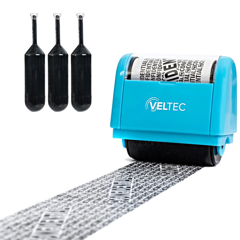 ID Protector Ink Roller Identity Theft Protection Stamp Blue with 3 Refills