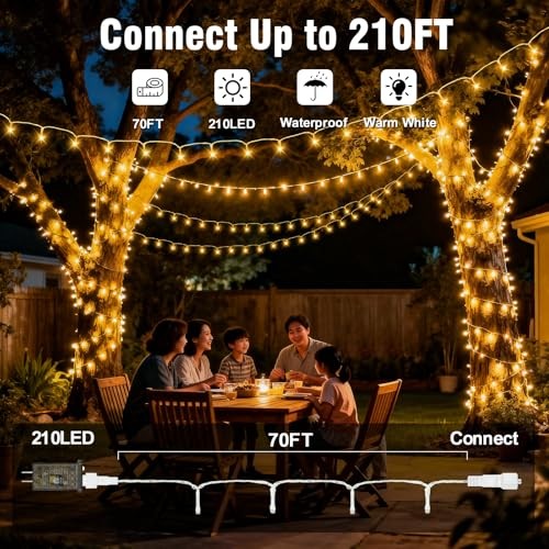 210 LEDs Warm White LED String Lights – 70FT Transparent Wire, 70FT, Warm White