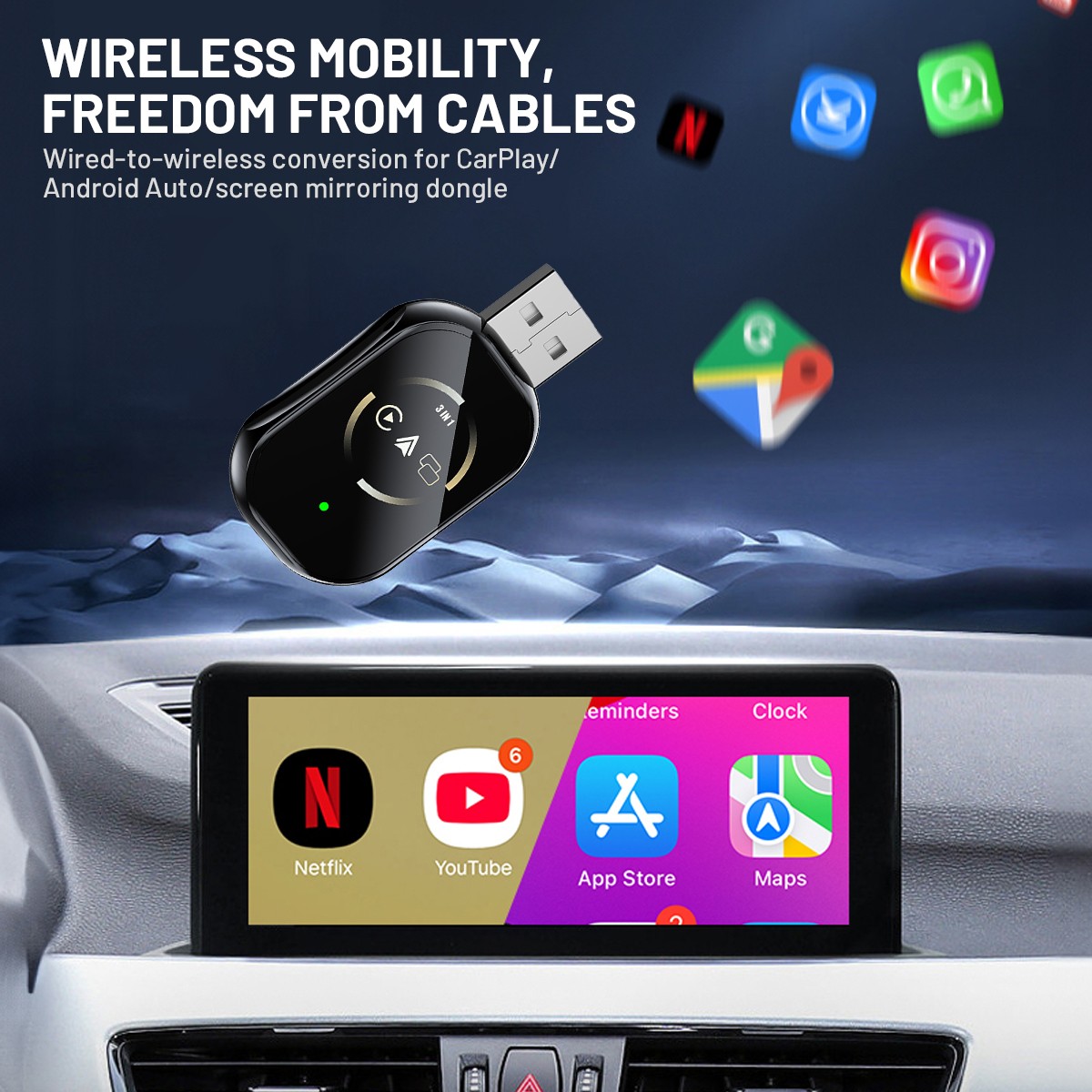 2026 Carplay Adapter Wired to Wireless CarPlay Android Auto Mirror Link 4-IN-1