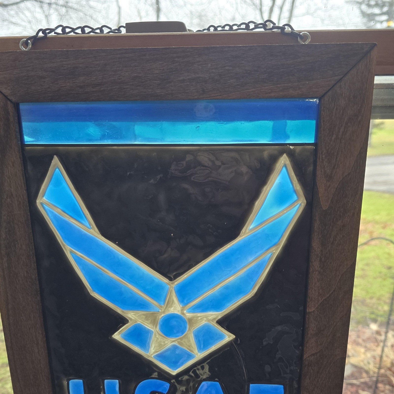 USAF Air Force Stained Glass Hanging Window Panel Wood Frame Blue Black Decor