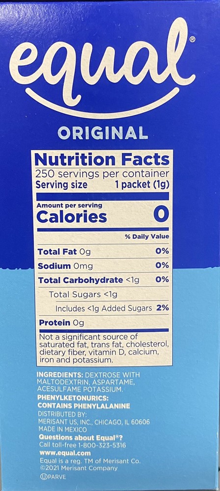 EQUAL ORIGINAL Zero Calorie Sweetener 250 Count Packets 8.8 oz Box