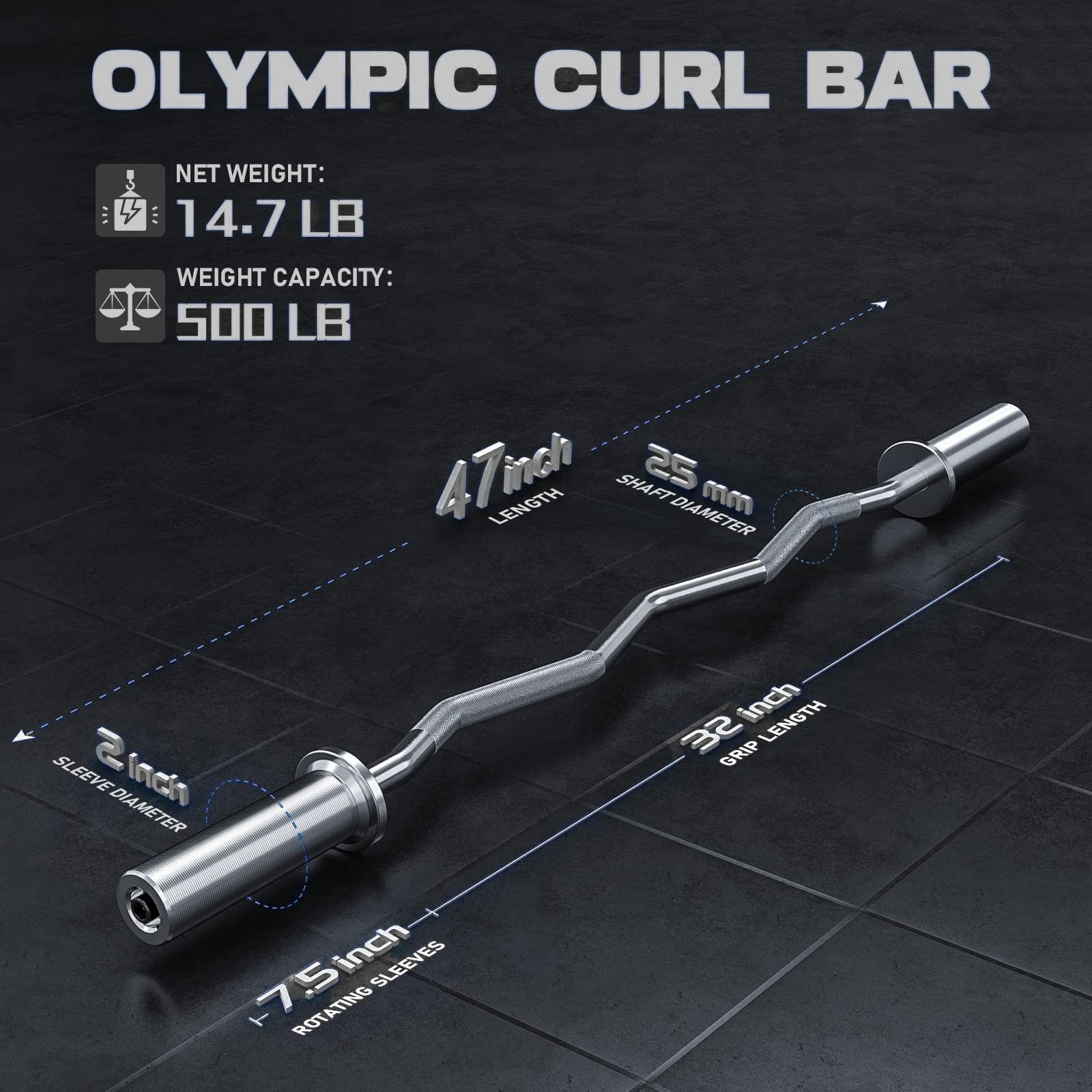 Olympic EZ Curl Bar 47" for Weight Lifting with 2 Spring Collars, Barbell