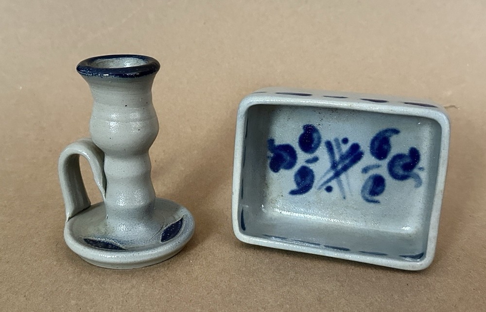 Salt-Glazed Pottery Cobalt Blue Accents Chamberstick Rectangular Dish